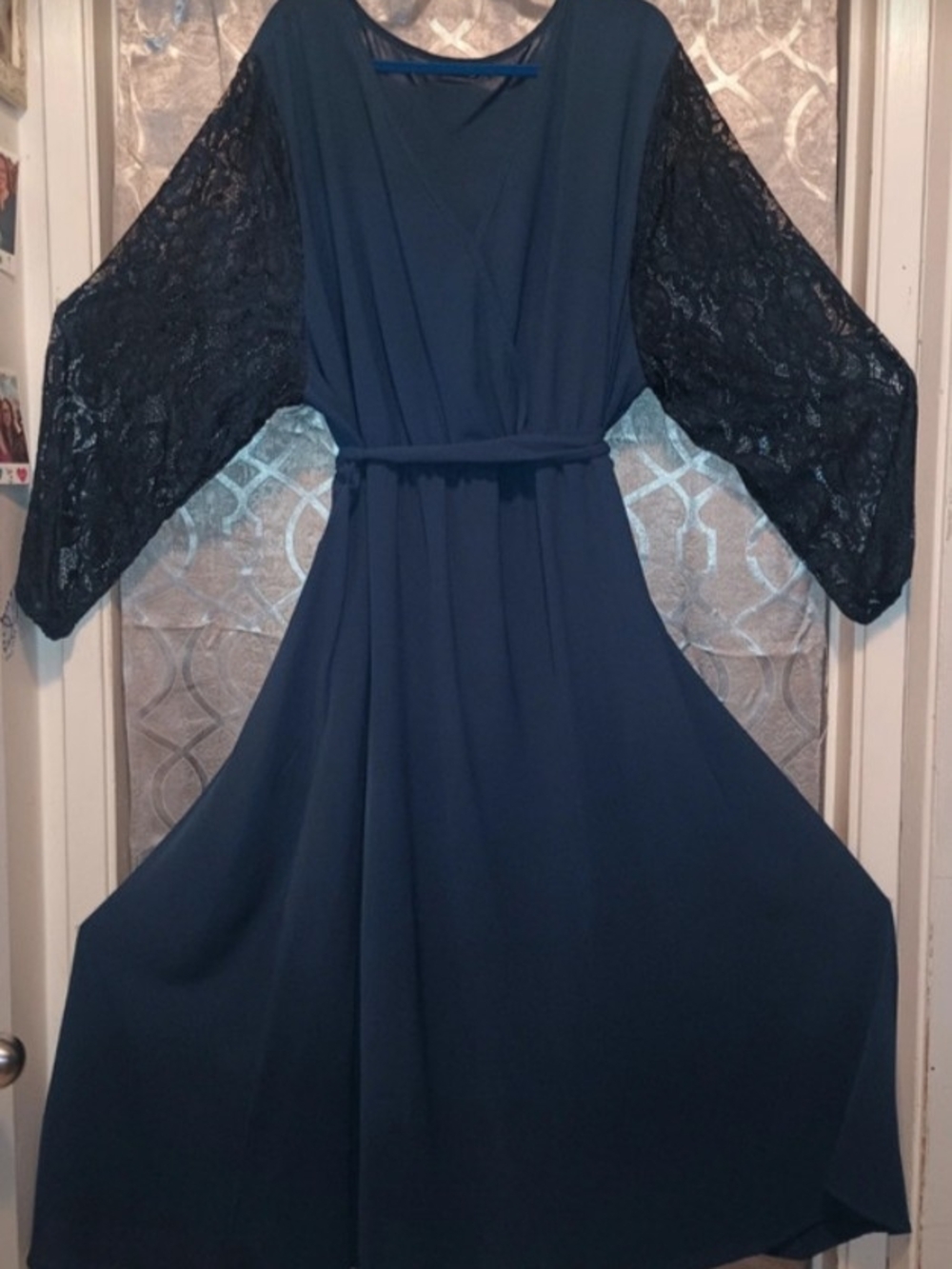 BloomChic Teal Maxi Dress with Black Lace Sleeves